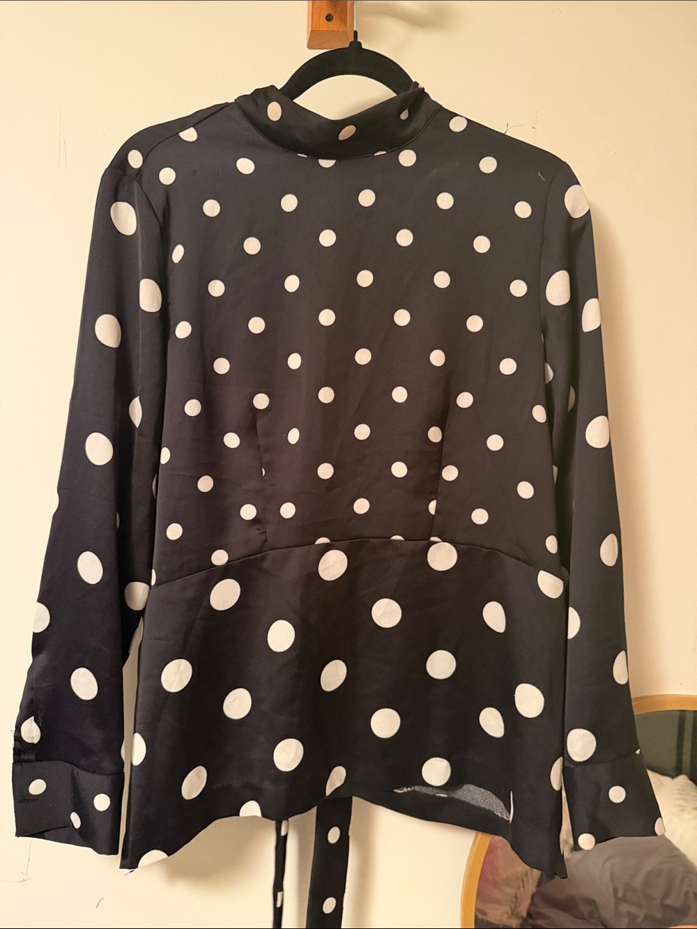 H&M Black and White Polka Dot Long-Sleeve Peplum Blouse